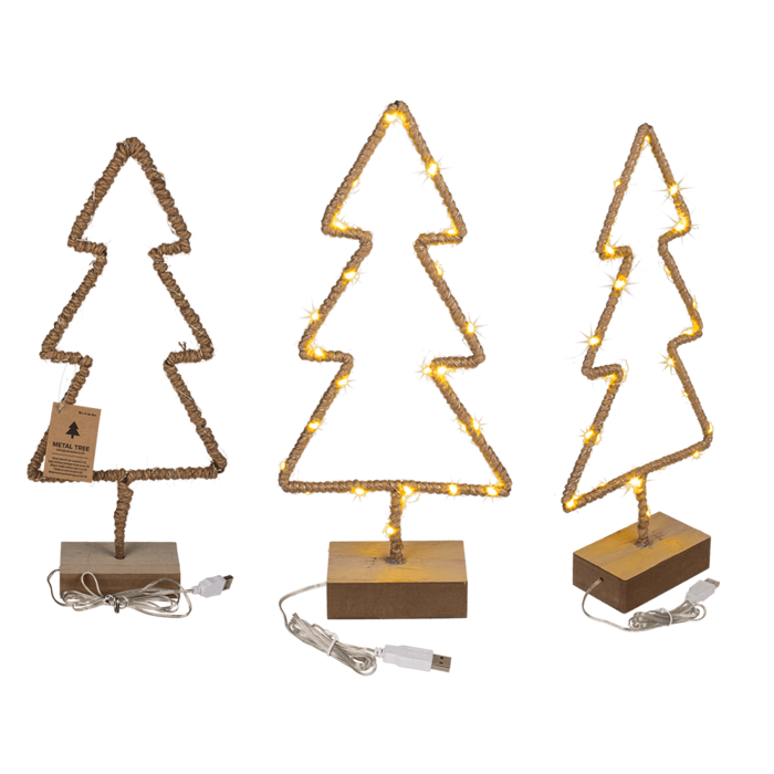 Metal tree with Jute decoration & LED on wooden base