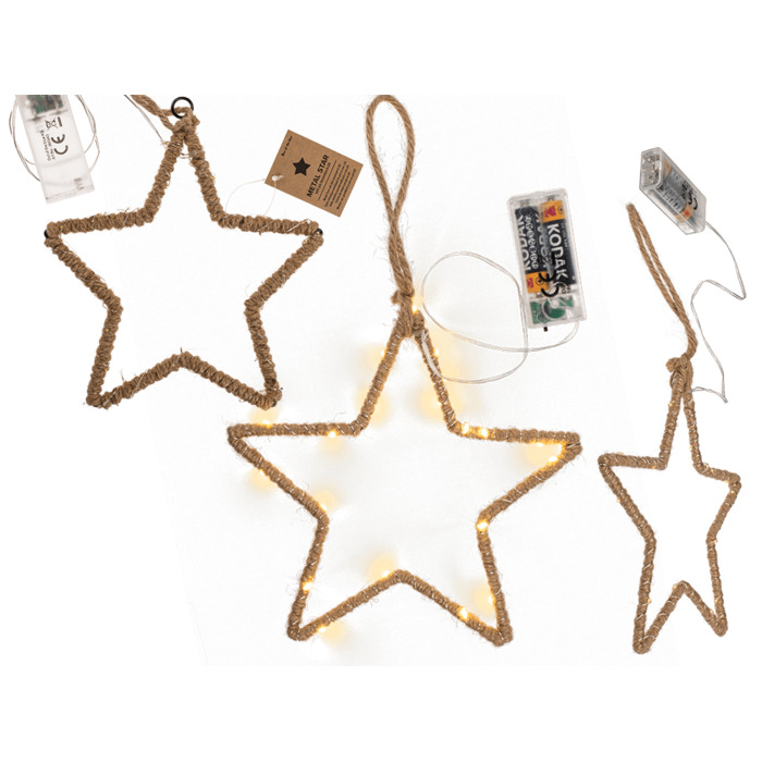 Metal star with jute decoration & LED, for hanging, ca. D 20 cm