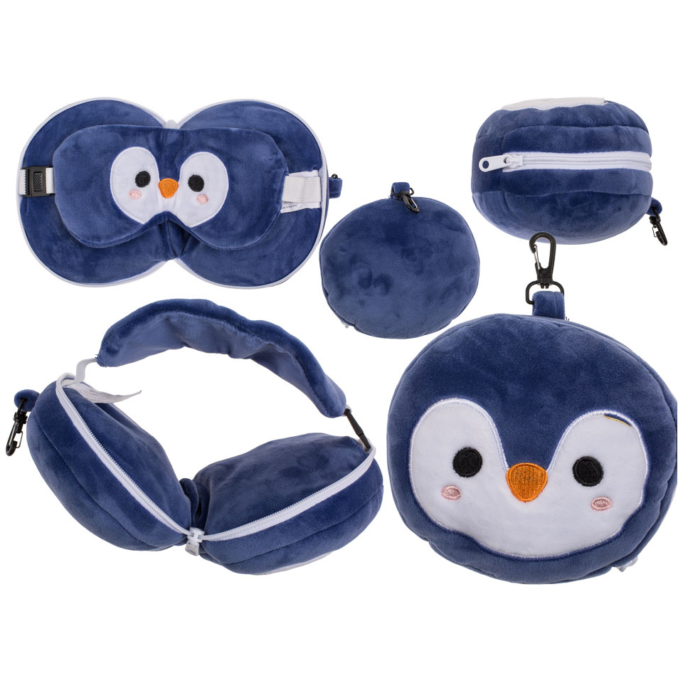 Παιδικό βελούδινο μαξιλάρι ταξιδιού με μάσκα ματιών, Penguin, περ. 14 x 14 x 10 cm