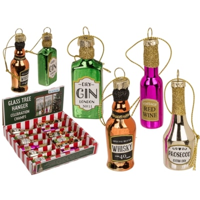 Γυάλινο Χριστουγεννιάτικο Στολίδι δέντρου σχέδιο φιάλη ποτού σε 4 χρώματα 2,5 x 2,5 x 7εκ