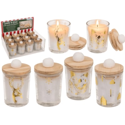 Κερί σε γυαλί, με ξύλινο καπάκι & πομπόν 5x6εκ σε 4 σχέδια 12/display