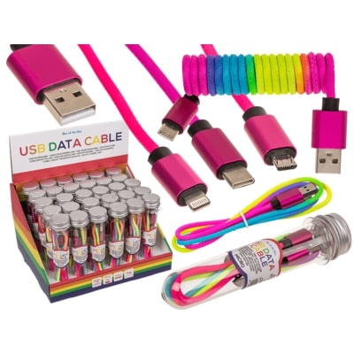 Καλώδιο δεδομένων USB, Τύπος iPhone, C & Micro ass 1m  σε πλαστικό σωλήνα με κλείσιμο 30/display