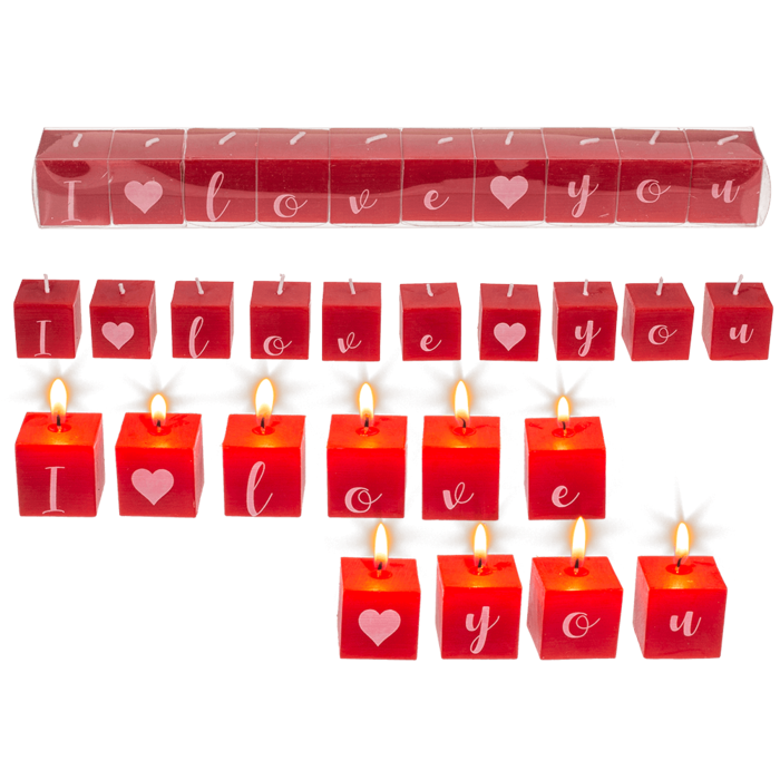 Square candles with letters, I kove you