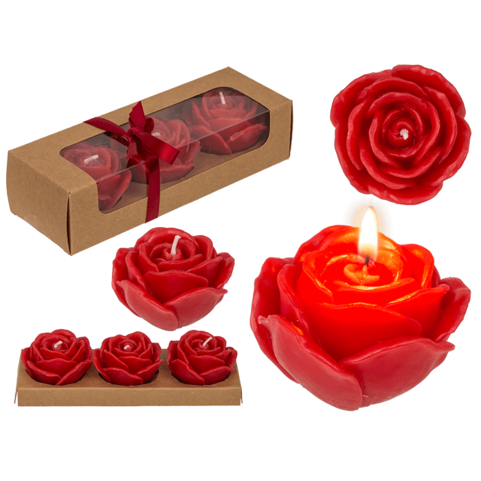 Red colored candle, rose, set of 3 pcs